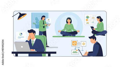 People Meditating and Working in Office.