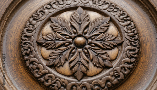 Carved wooden plate with folk ornament in close-up