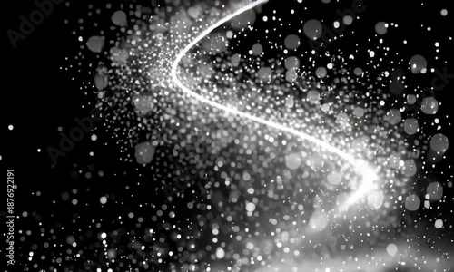 A graceful wave of sparkling white particles and soft light creates an abstract, flowing design against a dark backdrop.