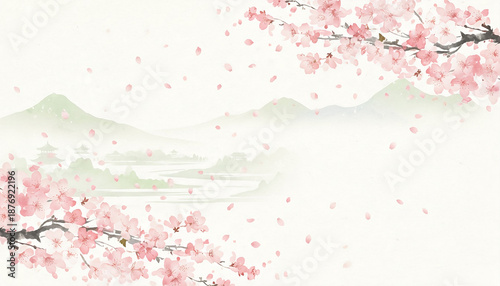 水彩画風の桜と山々の風景背景素材、春のイメージ、コピースペースあり