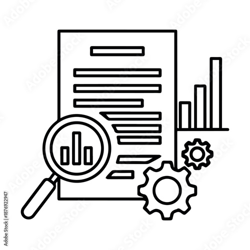 An insightful icon displaying a document with text, a magnifying glass over a bar chart, and a gear, symbolizing text analysis.