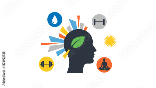 Human Head with Wellness Icons and Symbols.