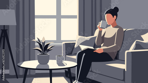 Woman Relaxing on Sofa Reading Book.