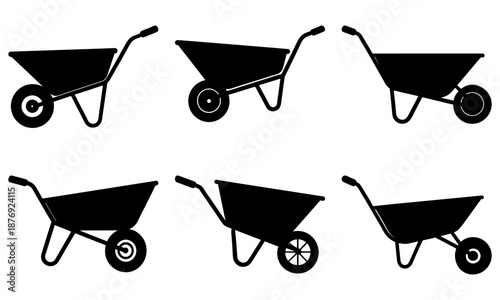 Six Wheelbarrows Silhouettes on White Background garden gardening