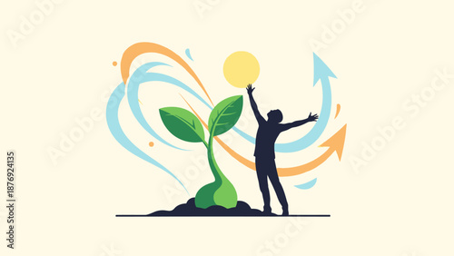 Man Reaching for Light with Growing Plant.