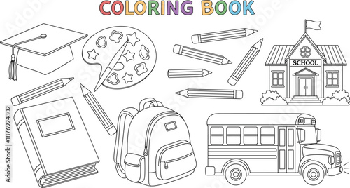 Coloring Book Page for Kids Featuring School Bus Building Backpack Graduation Cap Palette and Pencils Line Art Vector Illustration for Children