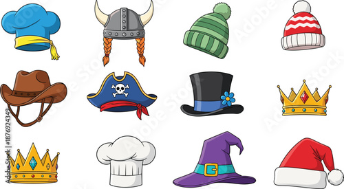Cute Cartoon Hats and Headwear Set Featuring Crown Viking Helmet Pirate Hat Cowboy Hat Santa Hat and Witch Hat Vector Clipar
