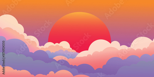 Colorful vector illustration of a glowing sunset rising above soft layered clouds, smooth gradient sky in warm tones, clean flat style ideal for backgrounds, banners, posters, wallpapers, and digital 