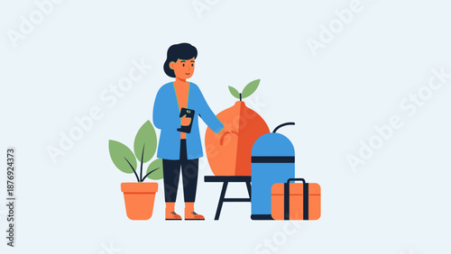 Woman Watering Plants with Watering Can.