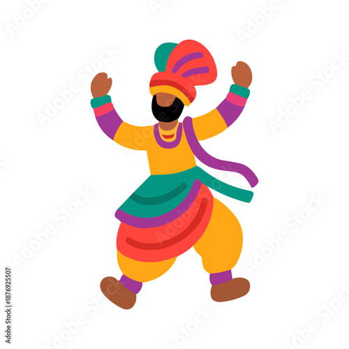 Colorful flat style cartoon character in traditional Indian dance attire with raised arms for cultural celebrations and festival