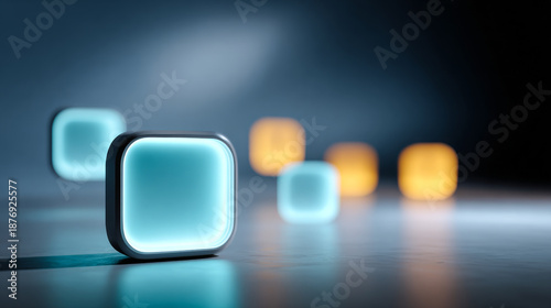 Modern light cubes in dark room setting. Light cubes of different colors are positioned on a floor in a dimly lit space. The shapes create a simple visual focus.
