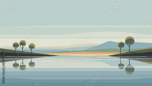 Trees Standing by Calm Lake Water.