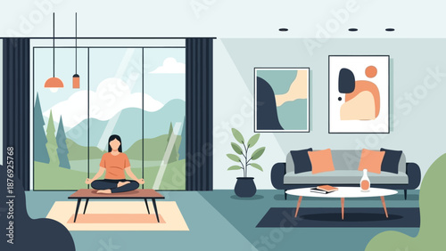 Woman Practicing Yoga in Modern Living Room.