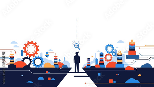 Businessman standing between industrial machinery gears.