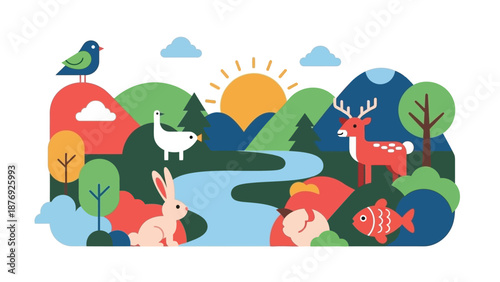 Colorful Cartoon Forest Animals and Landscape.