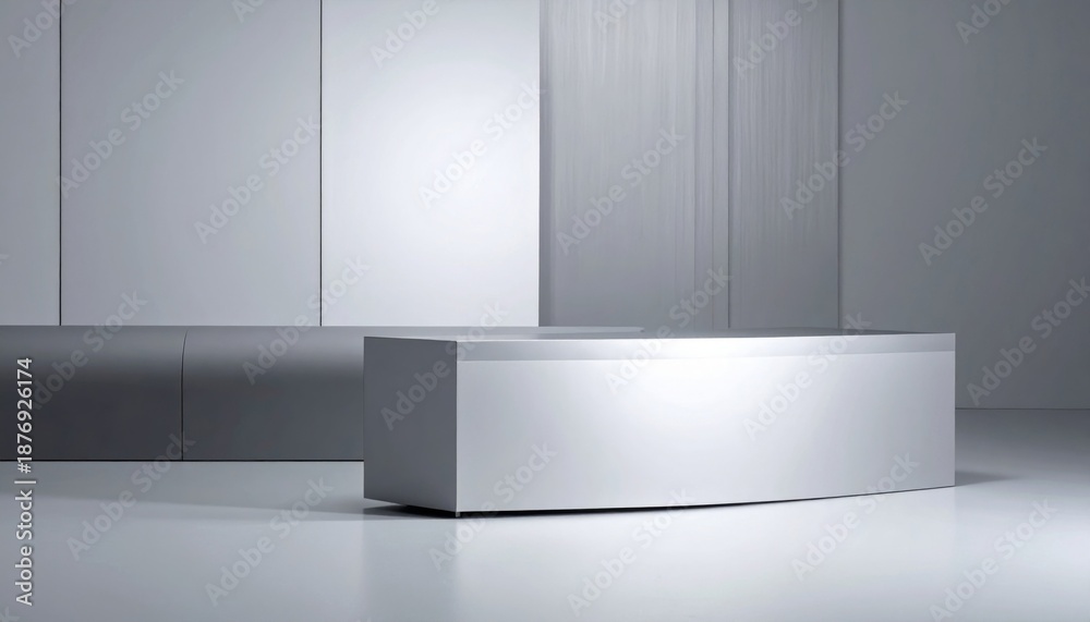 Fototapeta premium Minimalist White Reception Desk in a Bright White Interior Studio Setup
