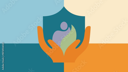 Hands Holding Shield with Person Icon.