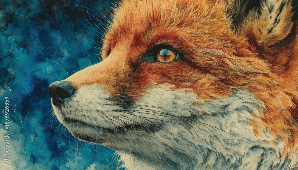 Fototapeta premium A close-up artistic portrait of a fox, created using a painterly digital technique. 