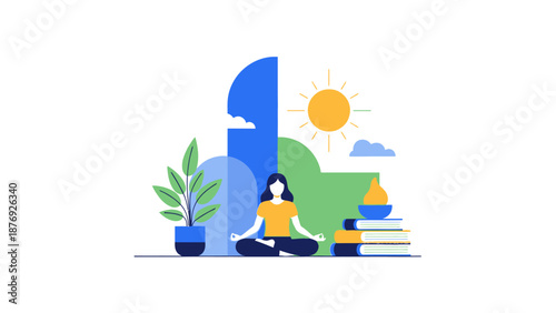 Woman Meditating with Laptop and Books.