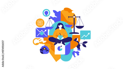 Woman Surrounded by Business and Law Icons.