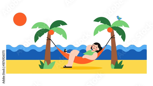 Woman Relaxing on Beach in Hammock.