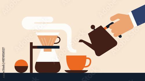 Hand Pouring Coffee from Kettle into Cup.