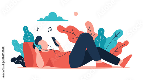 Woman Relaxing Listening to Music on Phone.