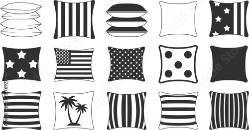 Collection of black and white pillow graphic illustrations featuring various patterns and decorative designs for home décor, textile projects, interior design, catalogs, and modern illustration use.