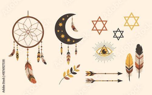 Mystic Boho Dreamcatcher and Celestial Moon Illustration Set
