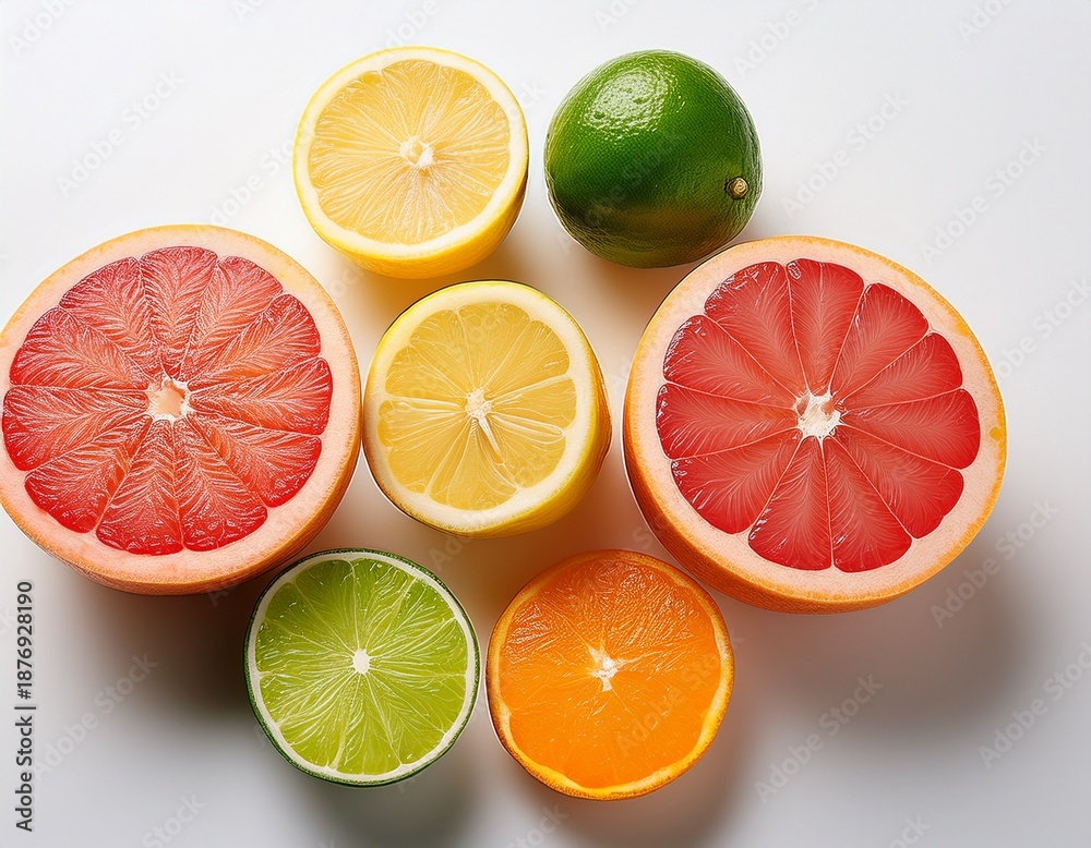 Fototapeta premium fresh colorful citrus fruits including lime lemon and grapefruit sliced open displaying vibrant flesh on clean white background