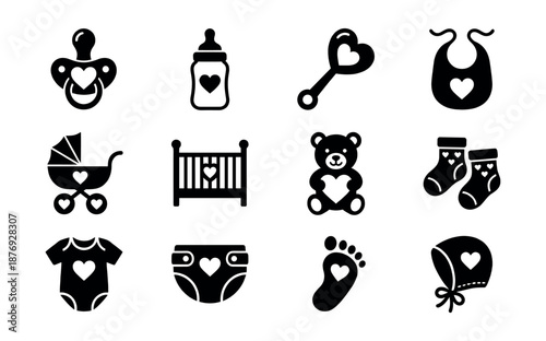 Baby items heart-themed vector icons set