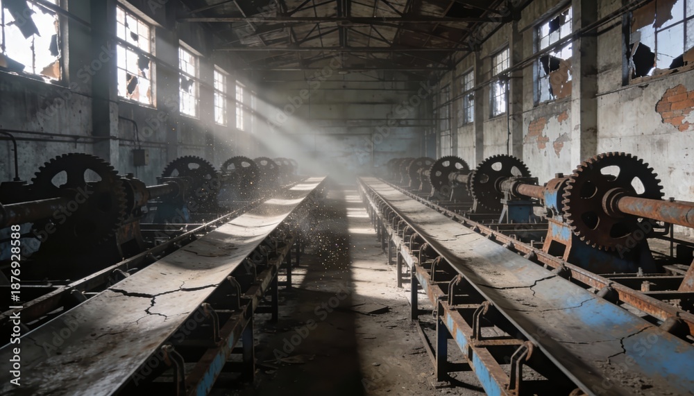 Obraz premium Abandoned Industrial Warehouse with Sunlight and Dust Particles