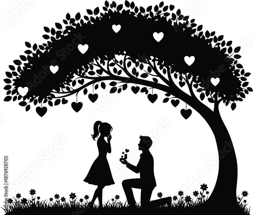Black silhouette of man proposing to woman under heart shaped tree proposal man kneeling
