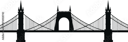 Black silhouette of a Gothic style suspension bridge white background