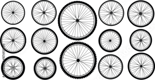 Bicycle wheel silhouette collection featuring different tire types and spoke patterns, cycling transport and mechanical wheel set isolated on white background
