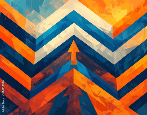 Upward Trajectory Graphic Art with Dynamic Chevron Pattern in Blues and Oranges