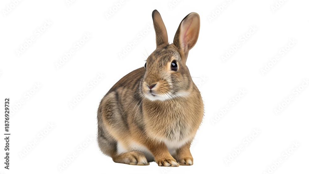 Obraz premium Brown wild rabbit sitting alert, isolated on white or transparent background, high resolution, studio lighting, sharp focus, detailed fur, clean cutout, minimal shadow, PNG format