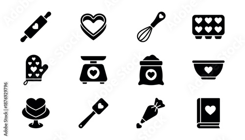 Baking silhouette icons set with heart motifs