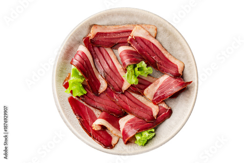 Duck breast slice magret smoked meat poultry meat food tasty snack fresh delicious gourmet food background on the table rustic food top view copy space