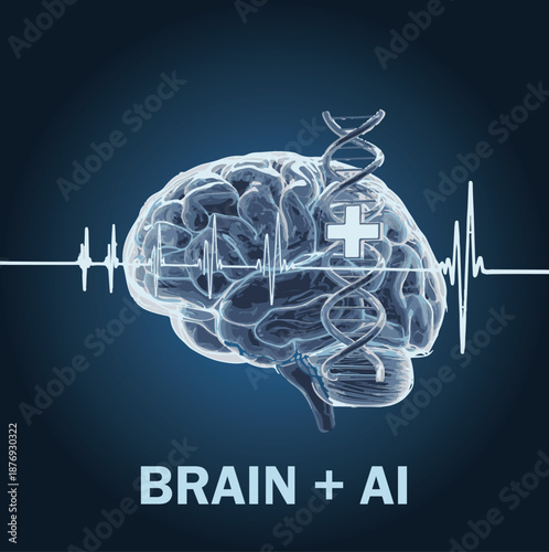The futuristic brain illustration represents AI, biotechnology, healthcare, and scientific innovation