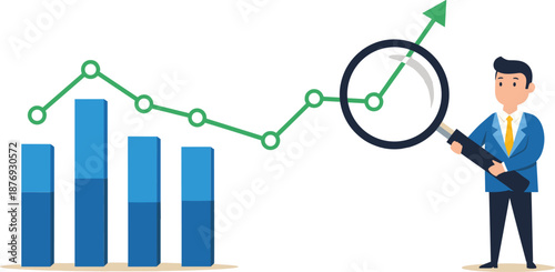 Businessman analyzing graph with magnifying glass bar chart blue suit
