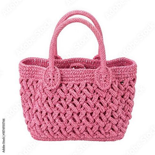 Pink crochet handbag isolated on transparent background