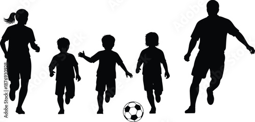 Family playing soccer silhouette illustration showing parents and children running together, outdoor sports activity, teamwork, fitness, and joyful bonding in black shadow style