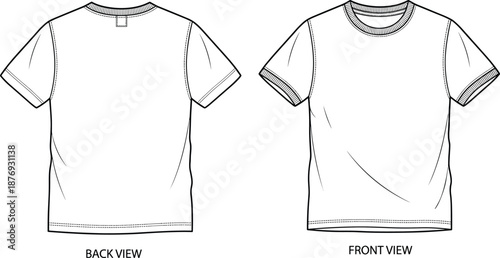 Blank t-shirt technical drawing showing front and back views, apparel mockup template with short sleeves, classic crew neck design isolated on white