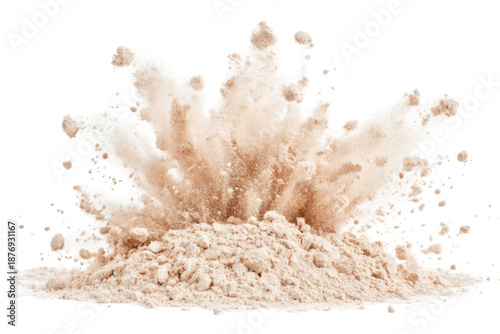 White powder explosion isolated on transparent background. Beige color powder pulver explosion isolated on white background.