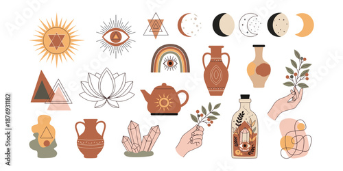 Mystic Boho Esoteric Set with Teapot Crystals Pottery and Magic Bottle Vector