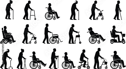 Elderly people silhouette set showing seniors walking with canes, walkers, wheelchairs and mobility scooters, healthcare and aging support concept isolated on white background