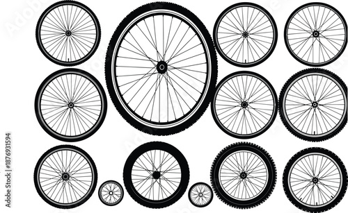 Bicycle wheel silhouette set showing different tire and spoke designs, cycling and transport wheel collection isolated on white background