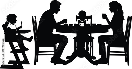 Family eating at table silhouettes black