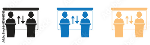 Iconic representation of two individuals exchanging ideas or comparing information at a podium